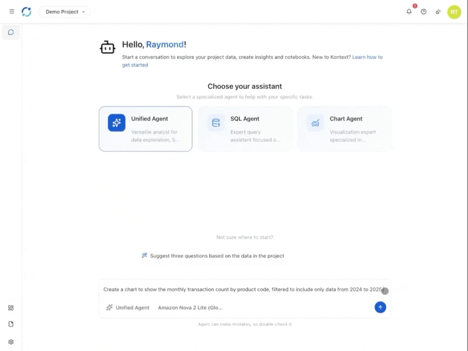 Kontext interface showing autonomous data agents analyzing data, generating queries, and creating interactive visualizations